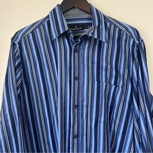 Bugatchi Uomo Striped Button Down Shirt Men’s Large Cotton Flip Cuff Blue Office